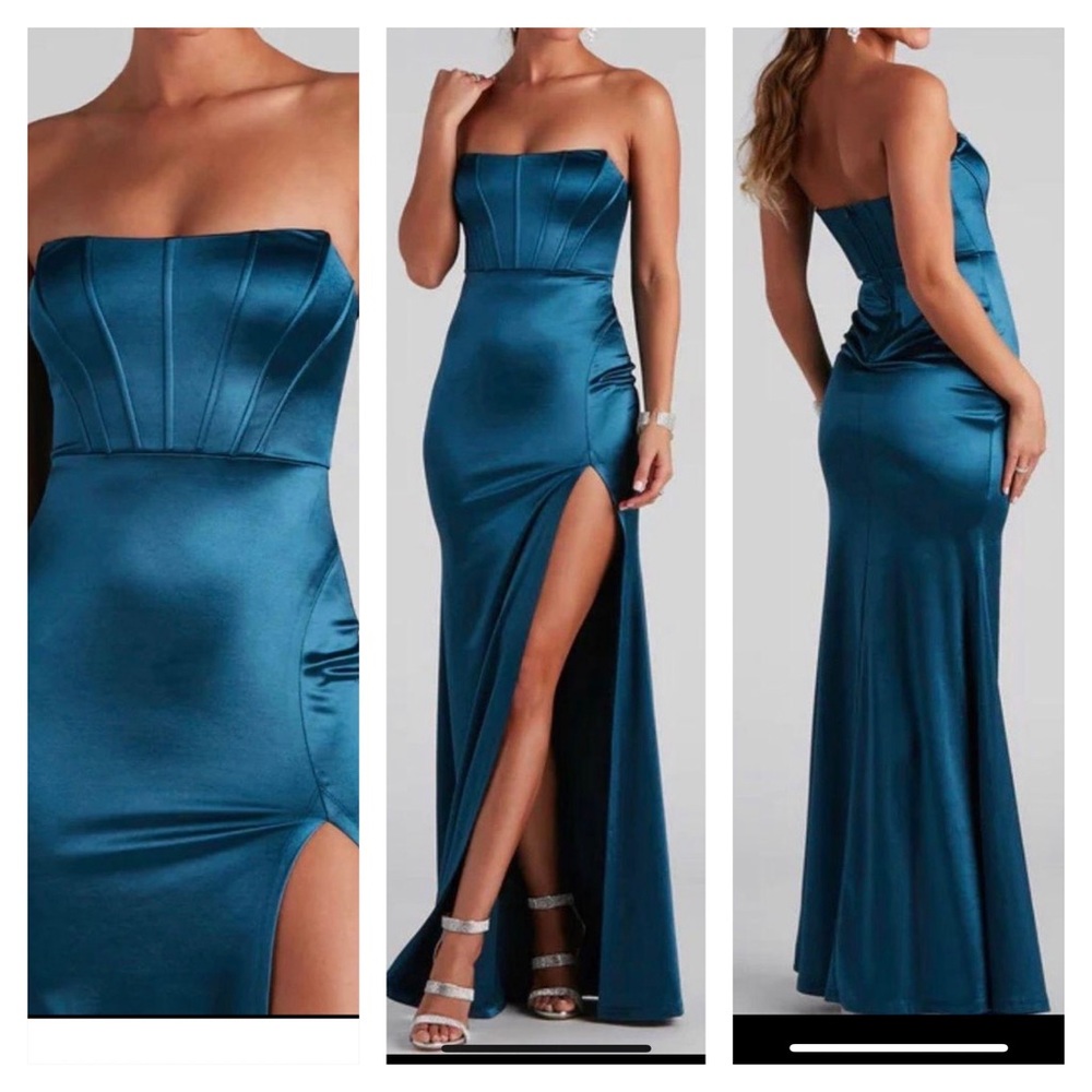 Teal color Maisie Satin Corset Mermaid Formal Dress. Size: XS